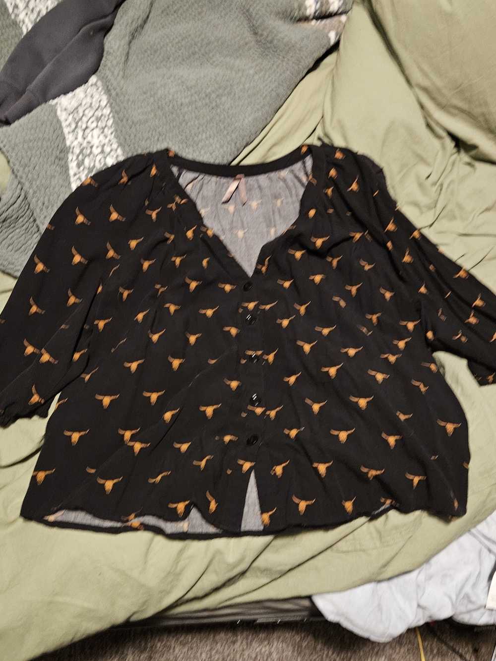 Stetson Black Button-Front Blouse with Rust Steer Print